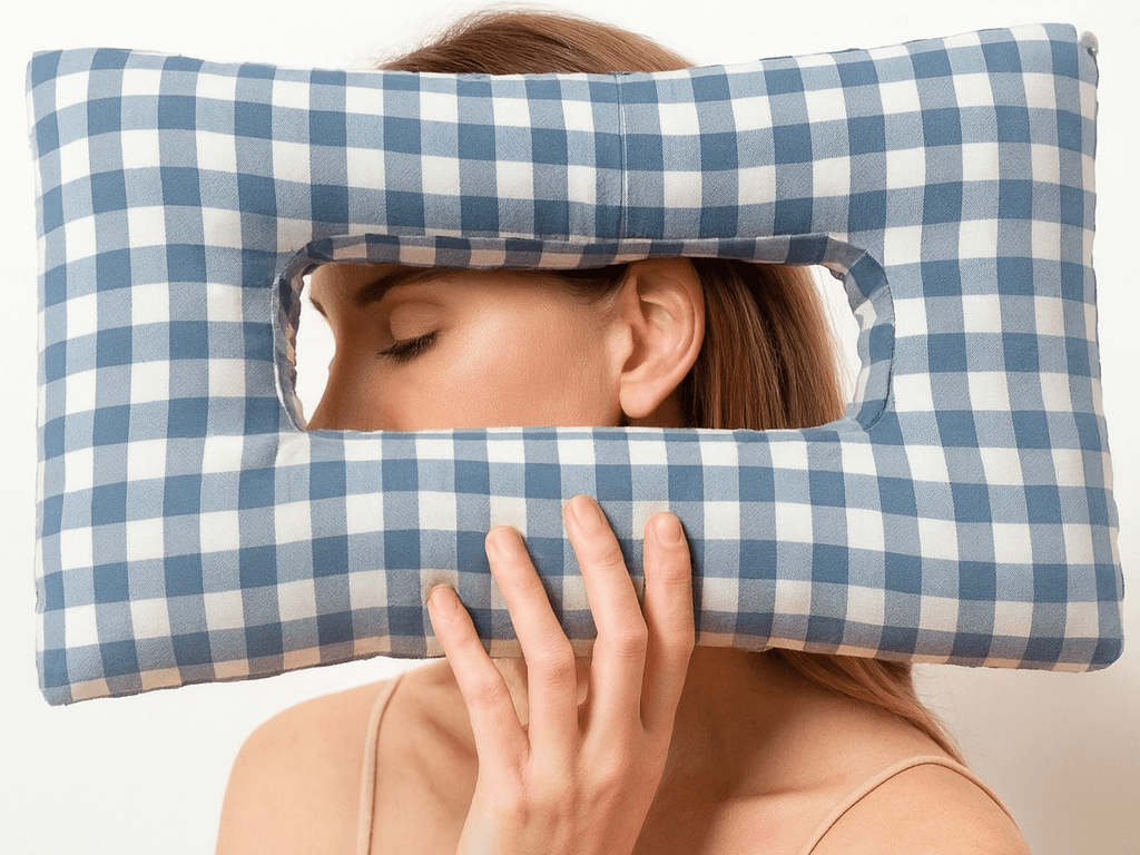 piercing pillow for side sleepers in a blue gingham plaid pattern